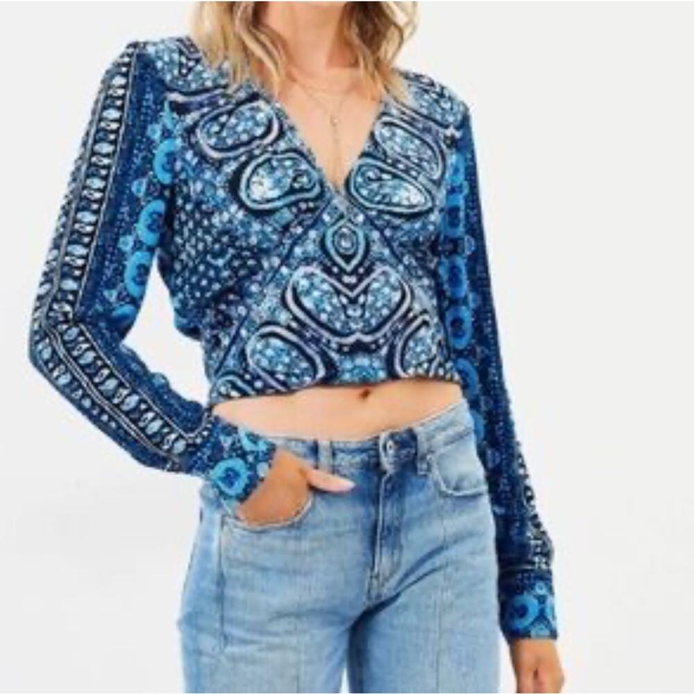 Free People Blue Wild & Free Smocked Boho Hippie Tribal Crop Top Size S